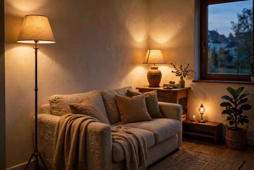 Floor lamp, table lamp and small accent lamp layered at three heights in a living room at dusk