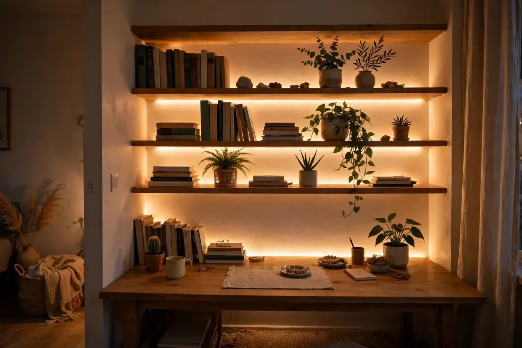 Adhesive LED strip lights glowing under wooden shelves above a desk in a small apartment