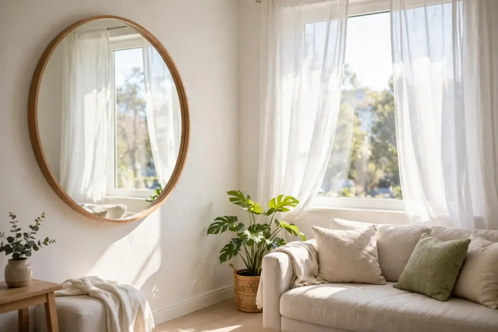 Large round mirror beside a window with sheer curtains reflecting daylight into a small living room