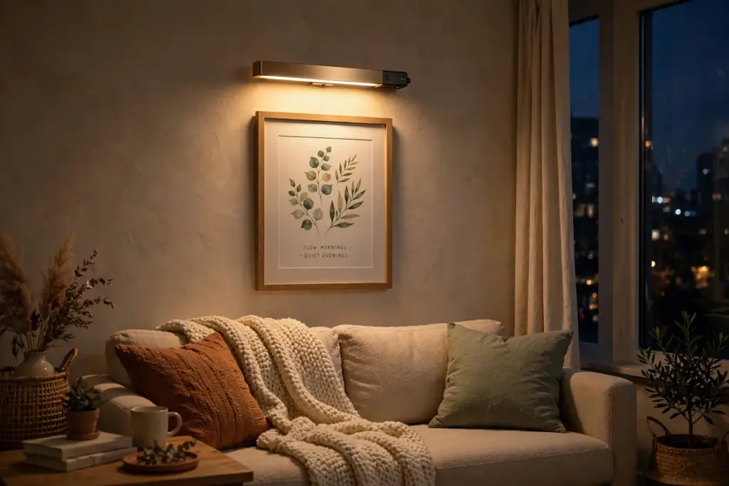 Battery picture light glowing above framed botanical art over a sofa