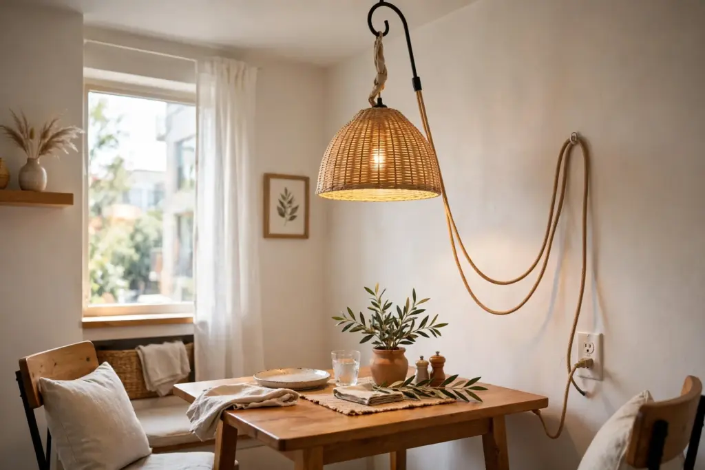 Plug-in rattan pendant light on a swag hook over a small dining table — renter friendly lighting ideas with no wiring