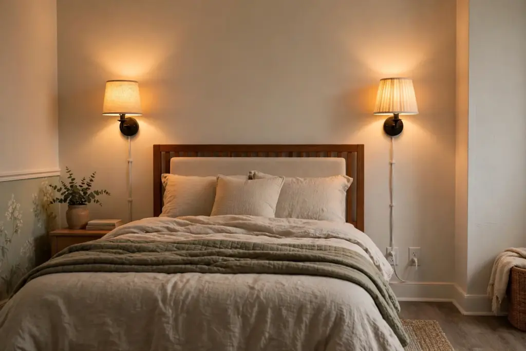 Pair of plug-in wall sconces with cords running to outlets beside a bed in a rental bedroom