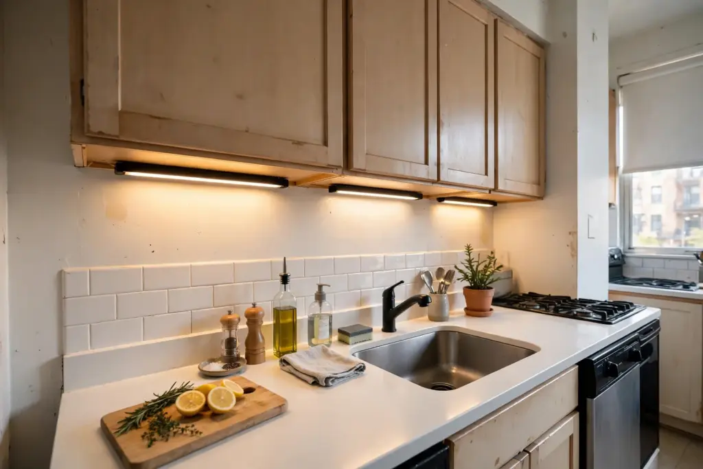 Rechargeable LED light bars mounted under kitchen cabinets lighting a rental countertop