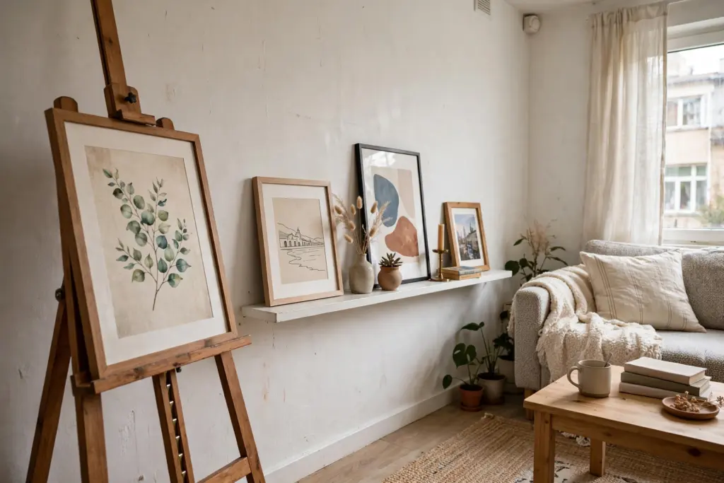 Framed art leaning on a shallow picture ledge and a wooden easel in a small rental living room