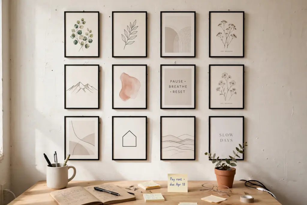 Grid gallery wall of thin black lightweight frames above a desk — renter friendly wall decor ideas hung with removable strips