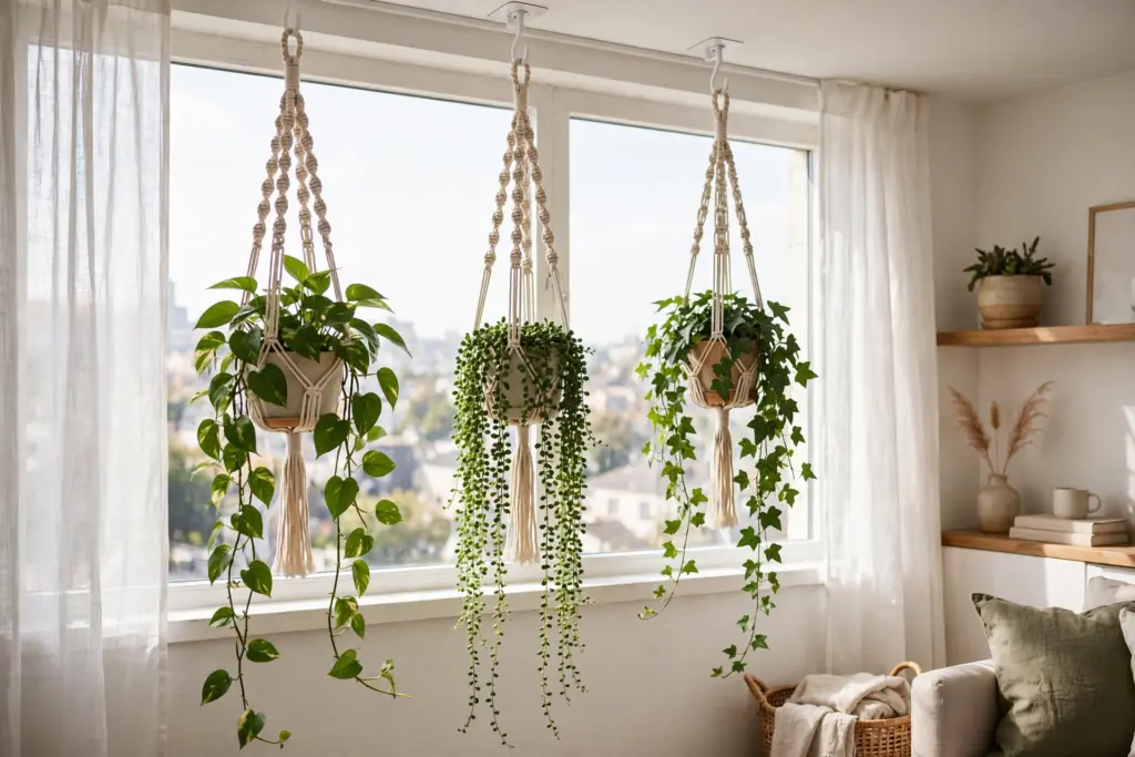 Trailing plants in macrame hangers suspended from removable ceiling hooks in front of a bright apartment window