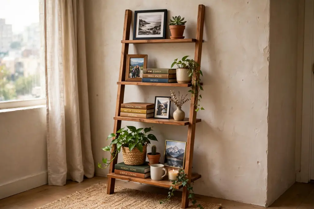 Wooden ladder shelf leaning against a wall displaying framed photos, books, and plants in a small apartment