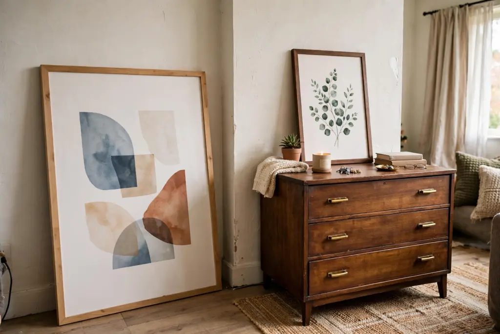 Large abstract framed art leaning on the floor and a botanical print leaning on a wooden dresser in a rental apartment