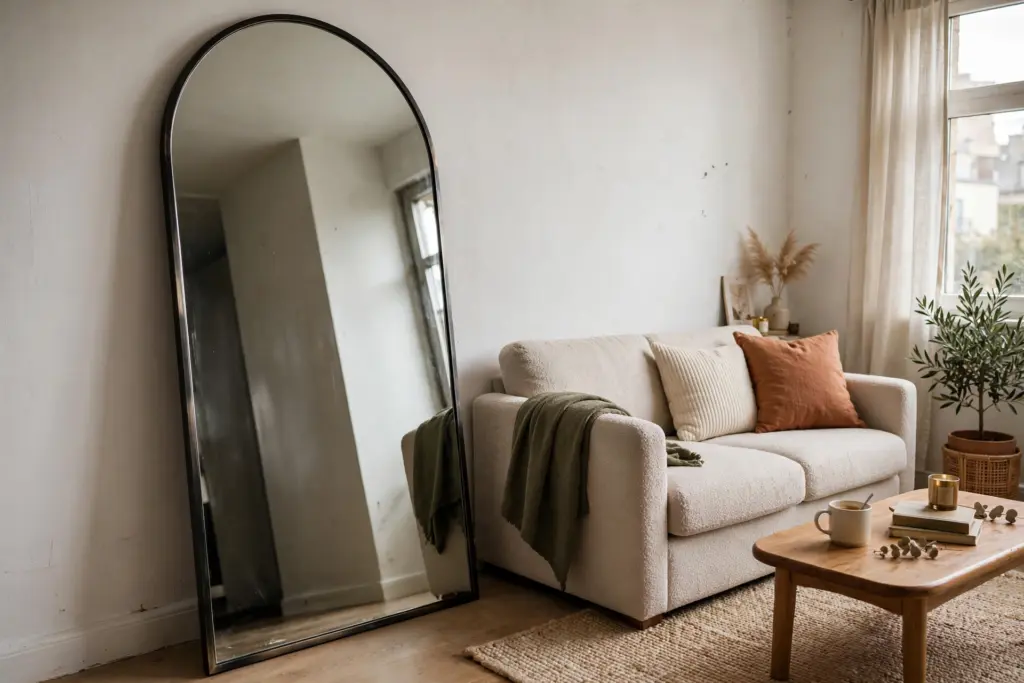 Oversized arched mirror leaning against a living room wall beside a sofa — a no-nails renter wall decor idea