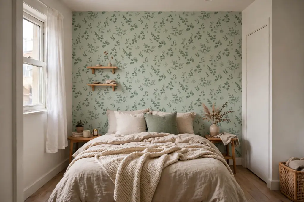 Soft sage botanical peel-and-stick wallpaper accent wall behind a bed in a small rental bedroom
