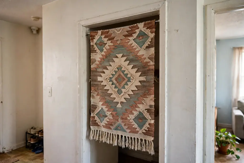 Woven tapestry hanging from a tension rod fitted inside a doorway alcove in a rental apartment