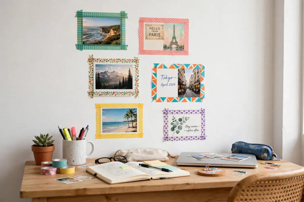 Photos and postcards framed with colorful patterned washi tape borders on a white rental wall above a desk