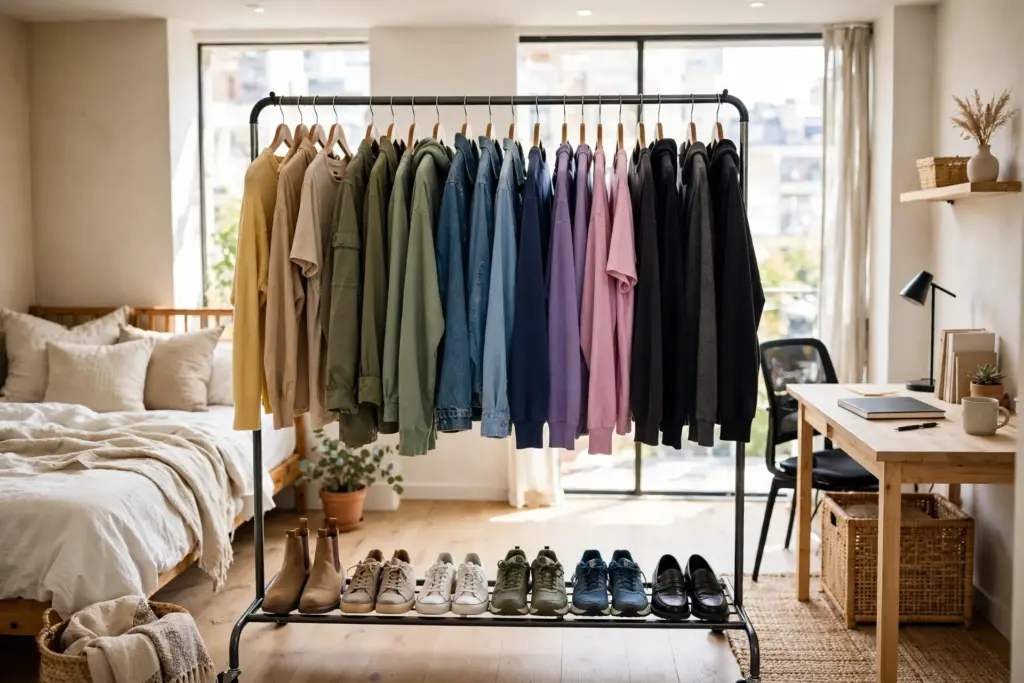 Freestanding clothing rack with color-grouped clothes and shoes on the lower rail dividing a studio apartment between the bed and a desk
