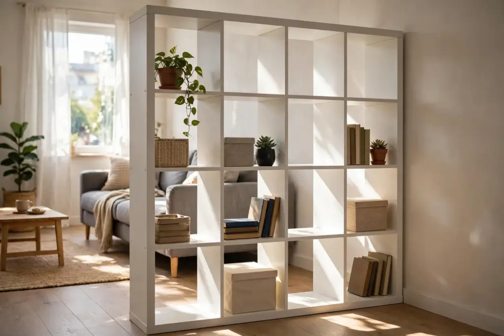 White open-back cube shelving unit placed perpendicular to the wall as a room divider in a studio apartment, with books, boxes and plants in the cubes