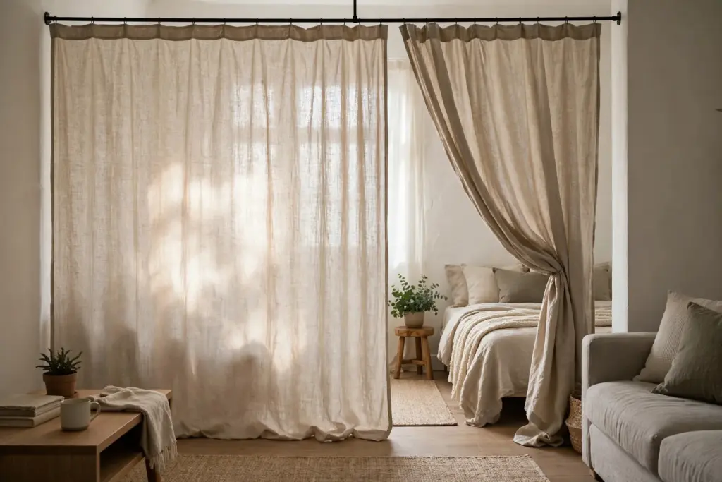 Linen curtain divider partly drawn across a studio apartment, screening a bed nook from the living area while softening daylight