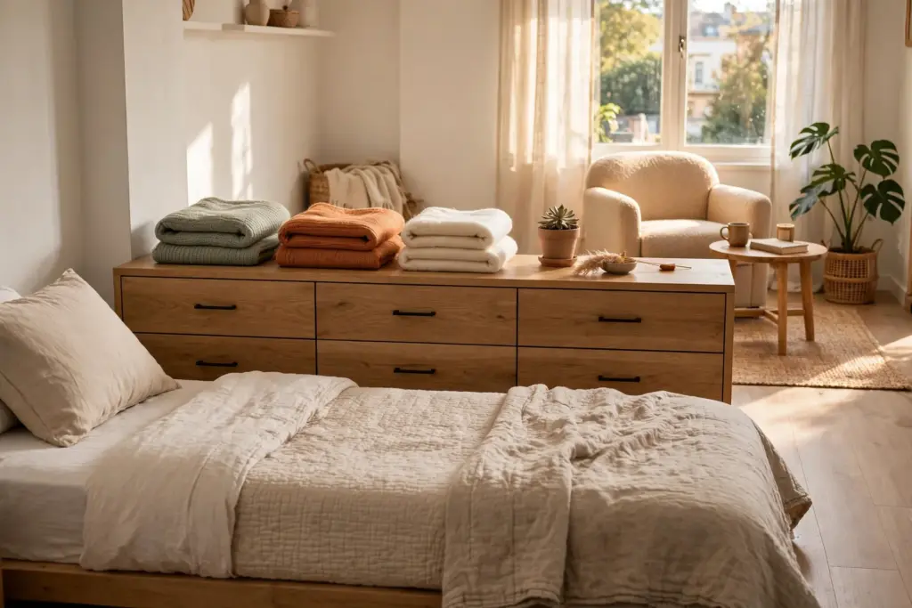 Low wide wooden dresser at the foot of a bed in a studio apartment, folded blankets on top, dividing the sleeping zone from a reading chair