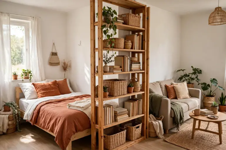Open wooden bookcase used as a room divider in a studio apartment, separating a bed with terracotta bedding from a sofa — room divider ideas for studio apartments