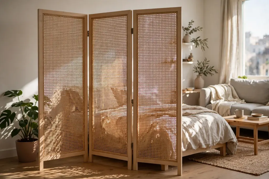 Freestanding three-panel cane folding screen dividing a studio apartment, screening the bed while light passes through the weave