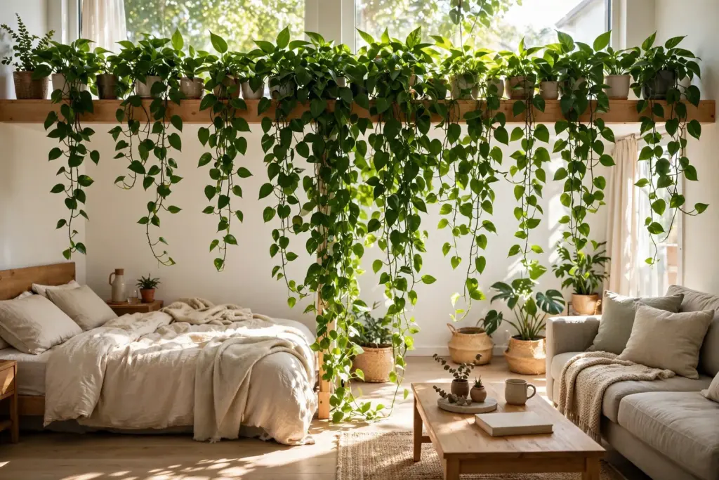 Trailing pothos plants on a high shelf forming a green screen divider between the bed and sofa in a bright studio apartment