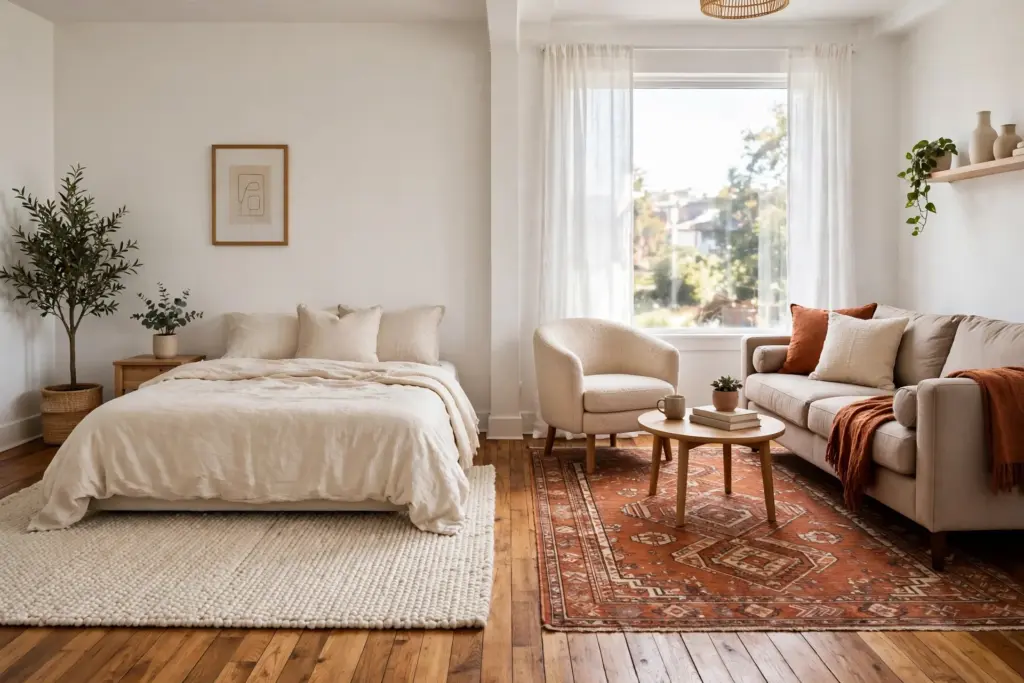 Two different rugs zoning a studio apartment, a cream rug under the bed and a patterned rust rug under the sofa — room divider ideas for studio apartments that cost nothing