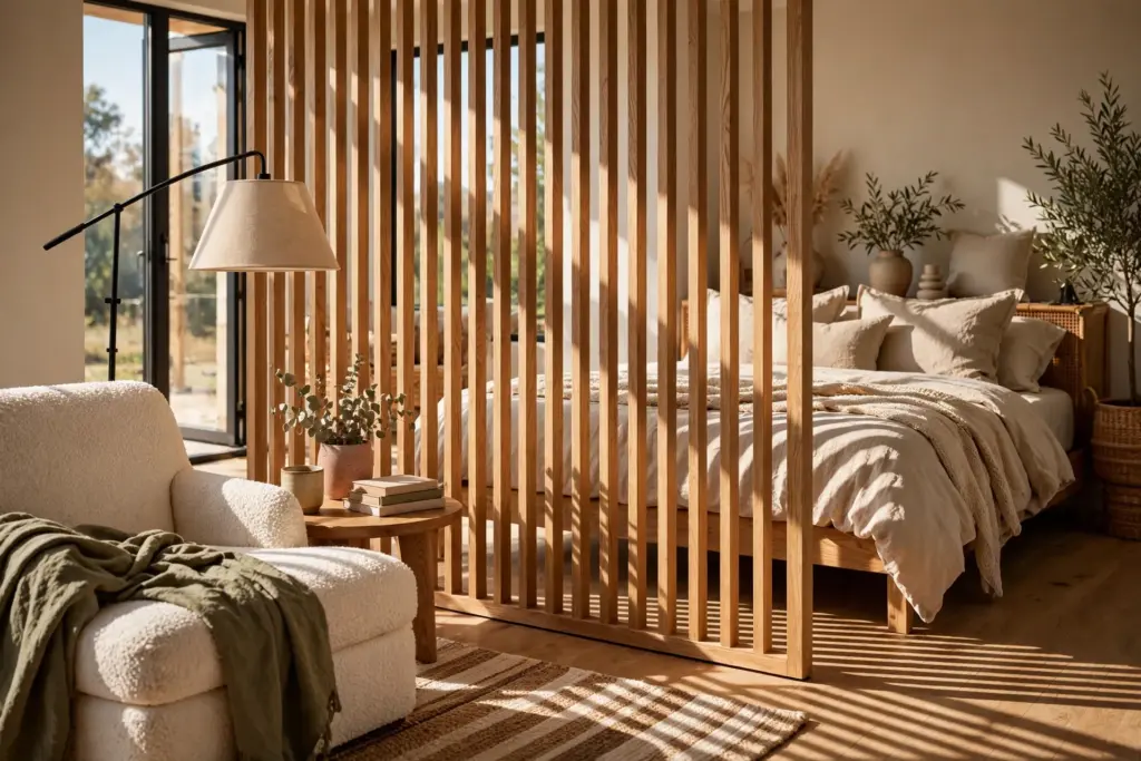 Freestanding slatted wood screen dividing a studio apartment, striped sunlight falling through the slats between a reading chair and the bed