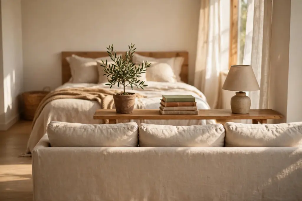 Back of a linen sofa facing a bed in a studio apartment, with a narrow console table, books and a lamp behind the sofa forming a divider