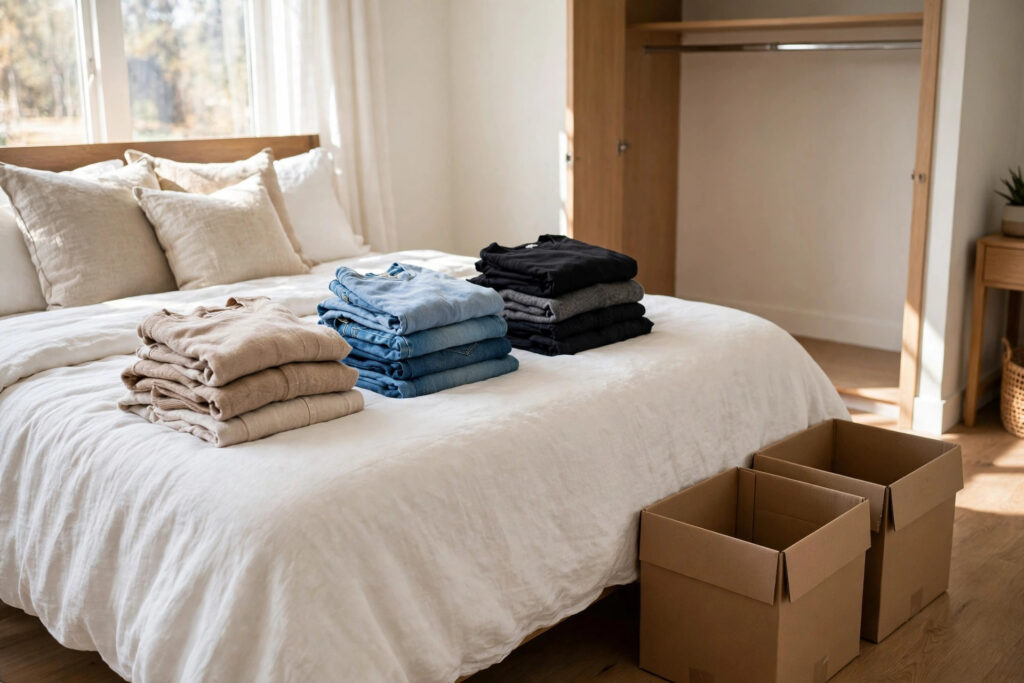 Clothes sorted into folded piles on a bed with empty donation boxes beside it and an emptied closet behind — step one of organizing a small apartment closet