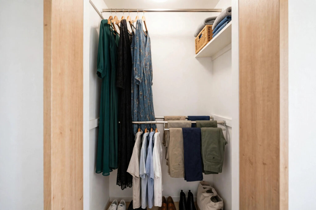 Double hanging zones in a small closet with long dresses on the top rod and shirts and pants on a second lower rod