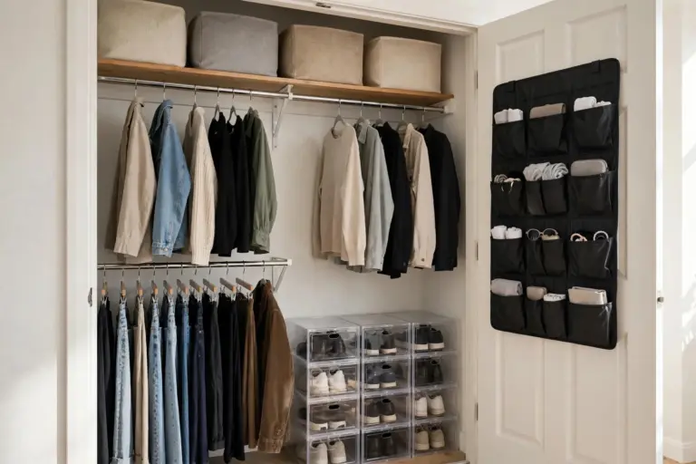 Organized small apartment closet with double hanging rods, fabric bins on the top shelf, clear shoe boxes on the floor and an over-door organizer
