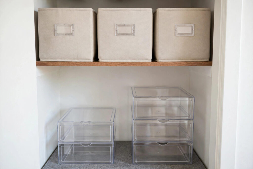 Matching fabric bins with label holders on a closet top shelf above stackable clear shoe boxes on the closet floor