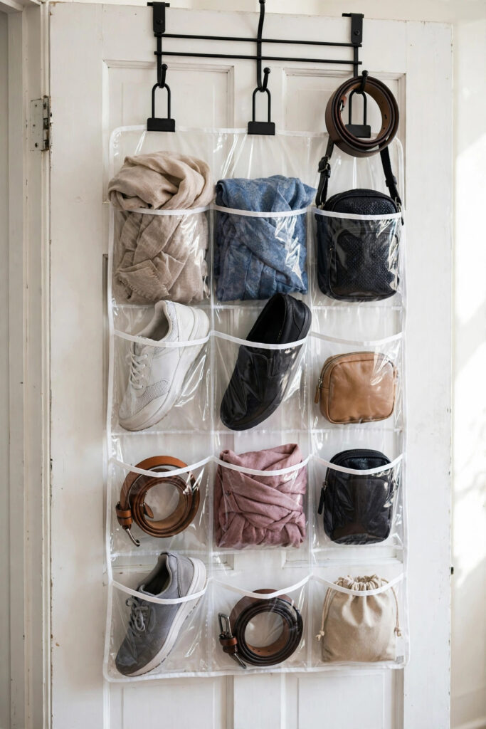 Clear-pocket over-the-door organizer on a closet door holding shoes, scarves, belts and small bags — no-drill closet storage for renters
