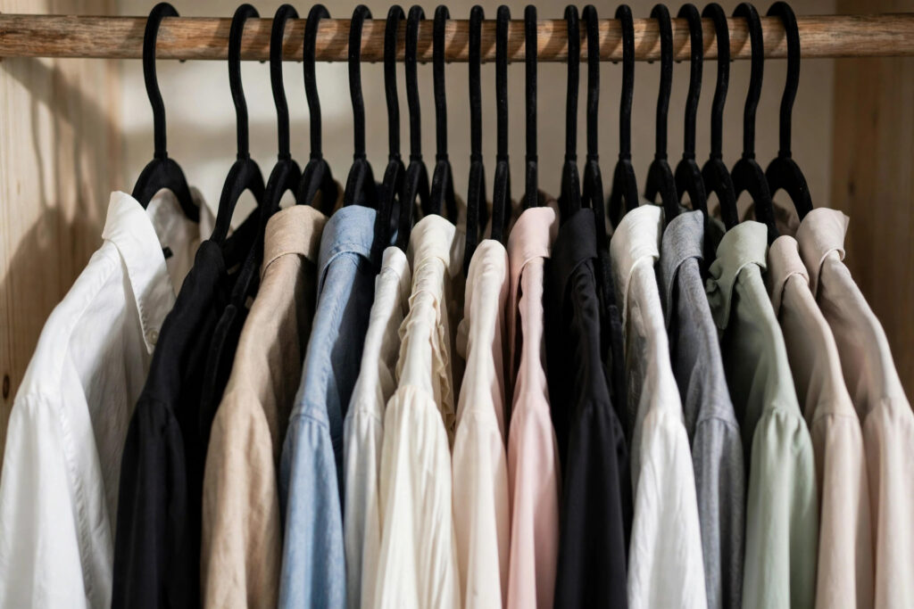 Slim black velvet hangers packed tightly on a closet rod holding shirts and blouses — a space-saving small closet organization swap