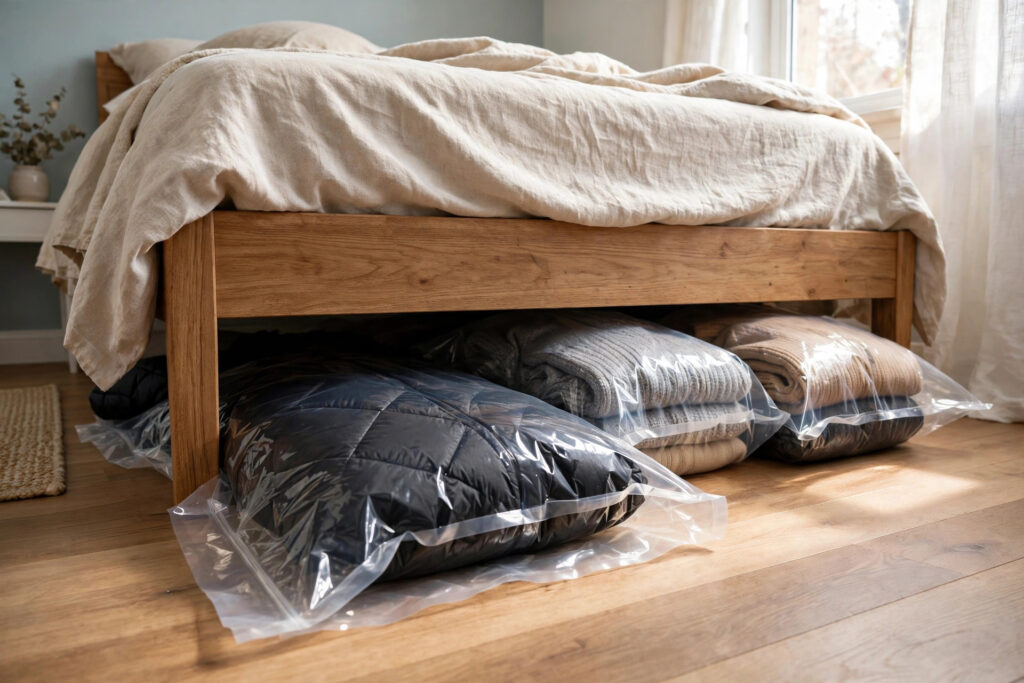 Vacuum storage bags with folded winter sweaters and a puffy coat stored flat under a bed in a small apartment