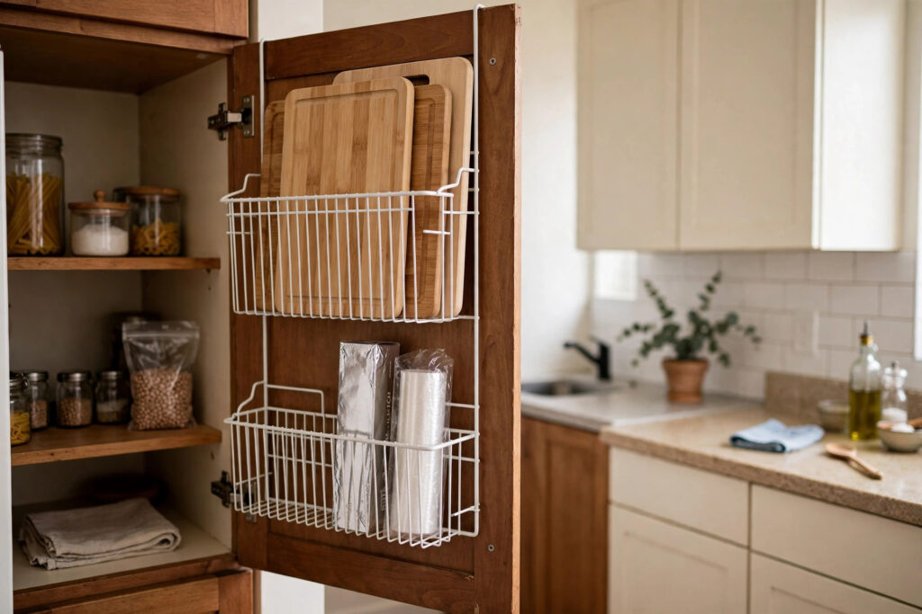 Wire rack hanging inside a cabinet door holding cutting boards and food wrap in a rental kitchen