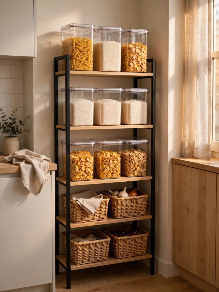 Freestanding pantry shelf with clear stackable containers of pasta, rice and cereal in a small kitchen