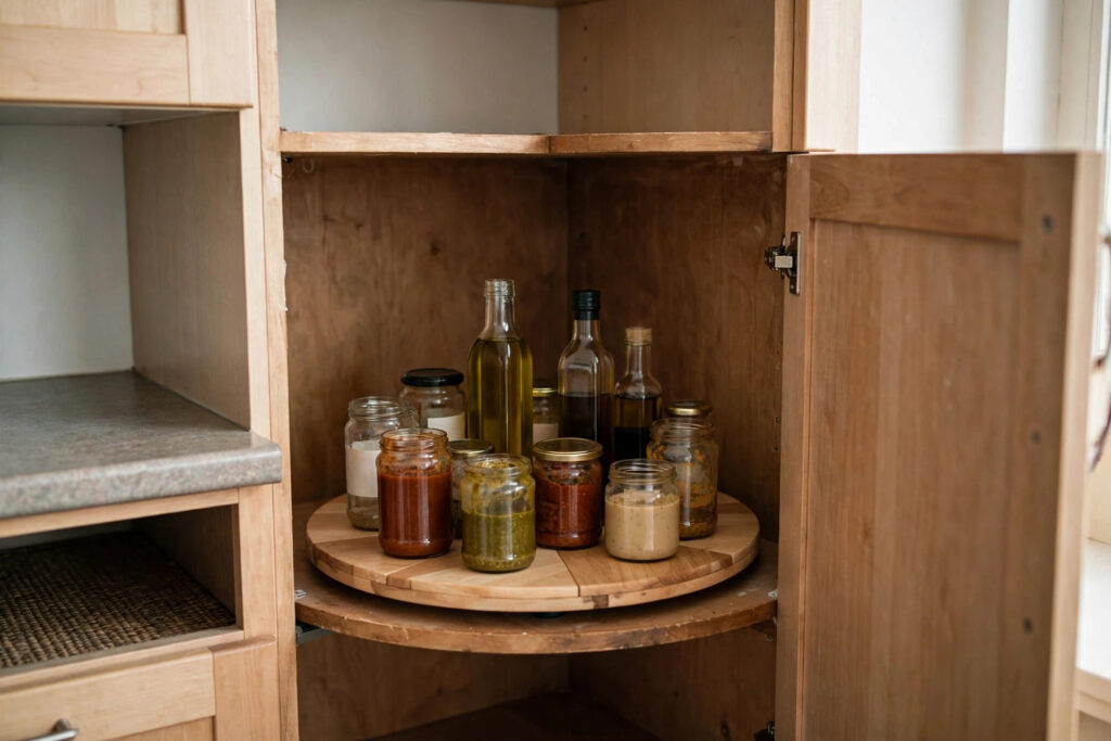 Wooden lazy Susan turntable with sauce jars and oil bottles in a deep corner kitchen cabinet