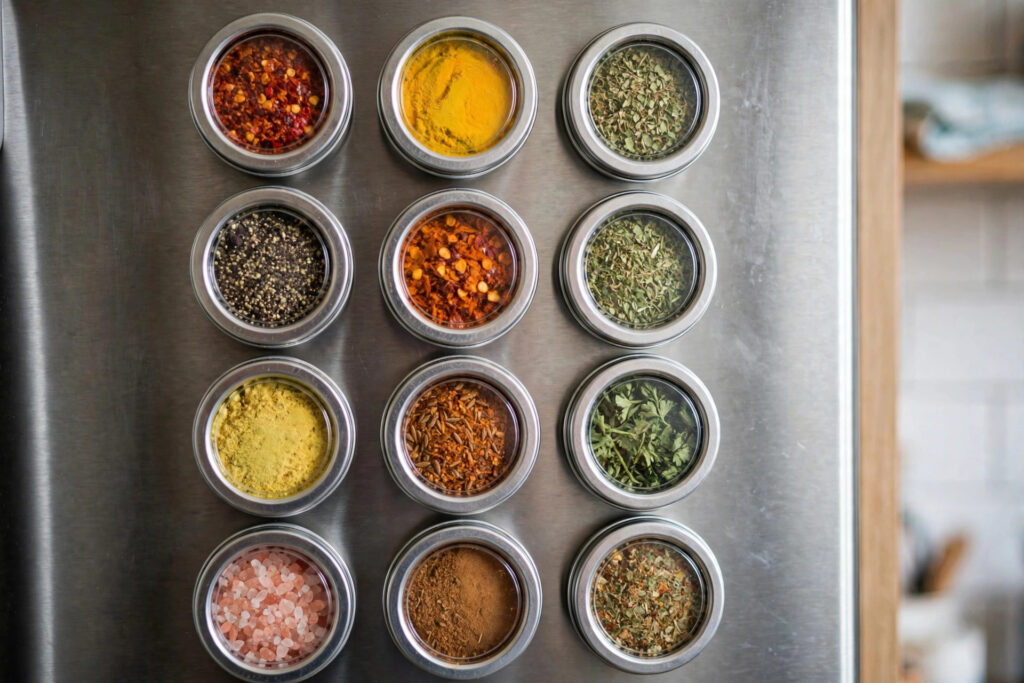 Magnetic spice tins with clear lids arranged on the side of a refrigerator
