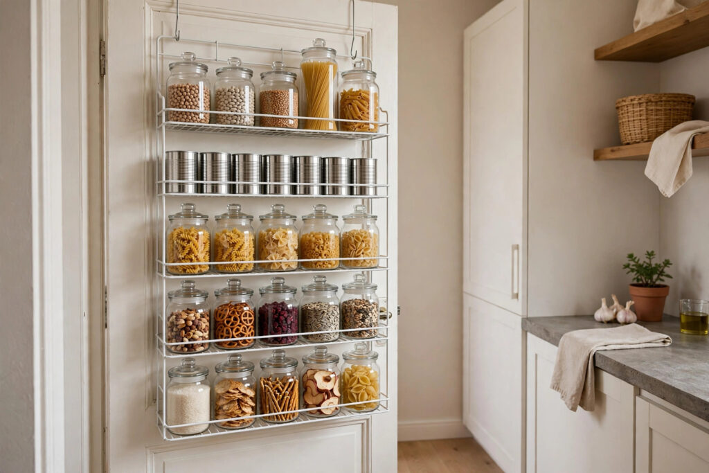 Over-the-door pantry rack with jars of pasta, cans and snacks on a kitchen door