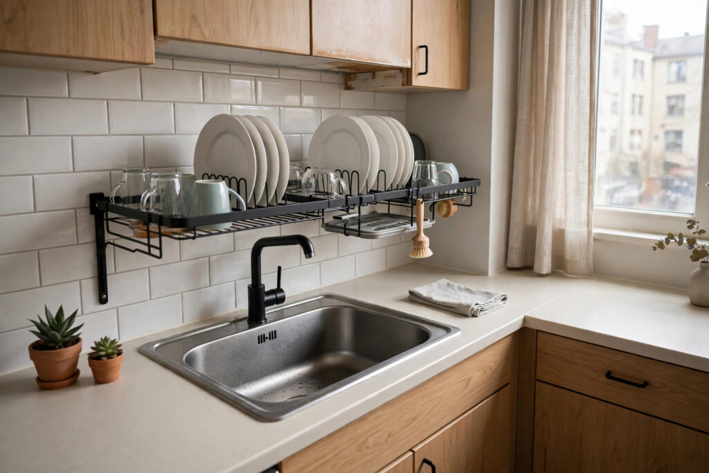 Dish rack mounted above a small kitchen sink holding plates, glasses and mugs