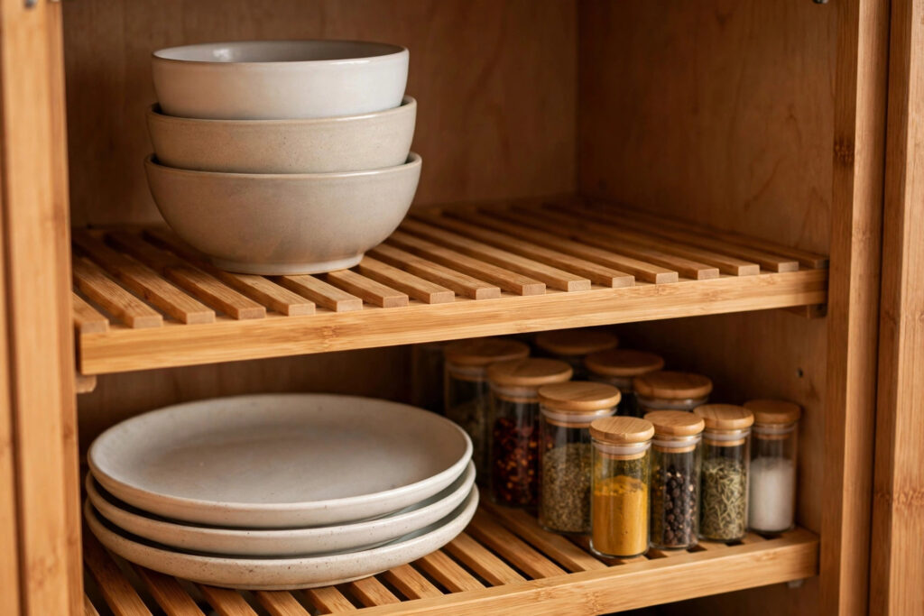 Bamboo shelf risers creating two levels inside a cabinet in a small apartment kitchen