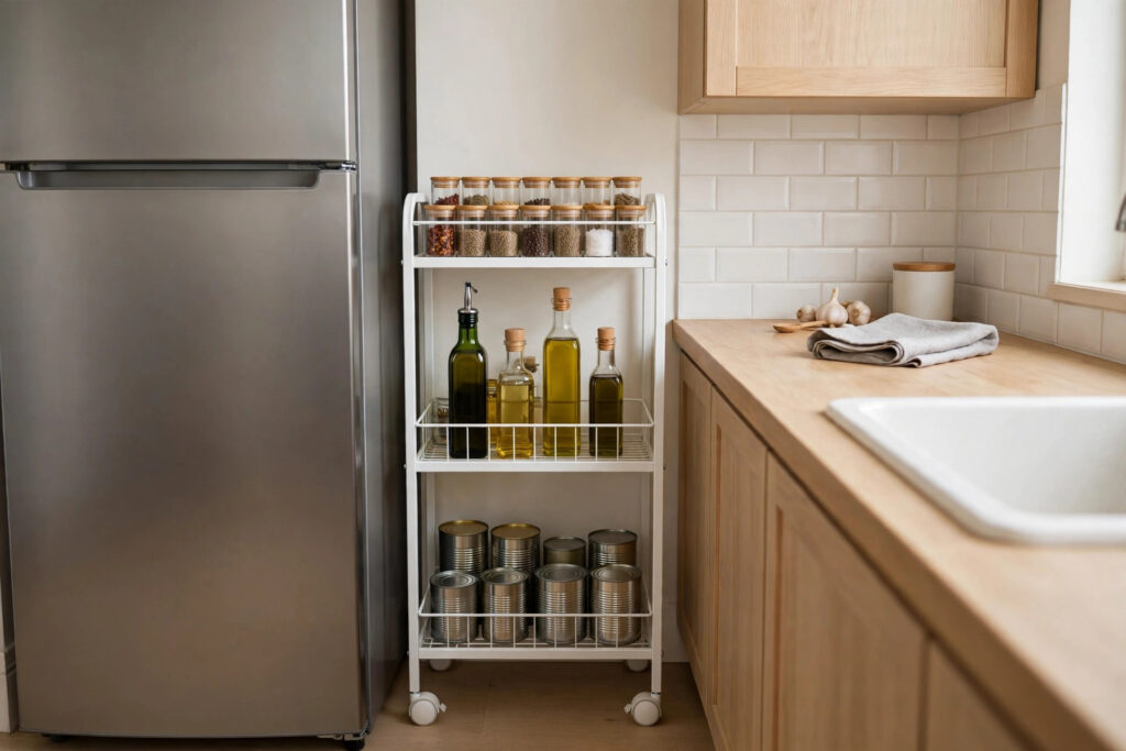 Slim white rolling cart beside a refrigerator holding spices, oil bottles and cans