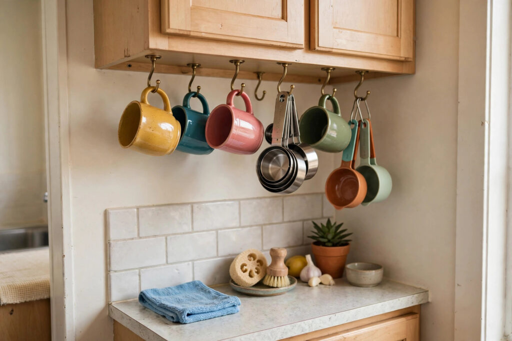 Colorful mugs and measuring cups hanging from hooks under a kitchen wall cabinet