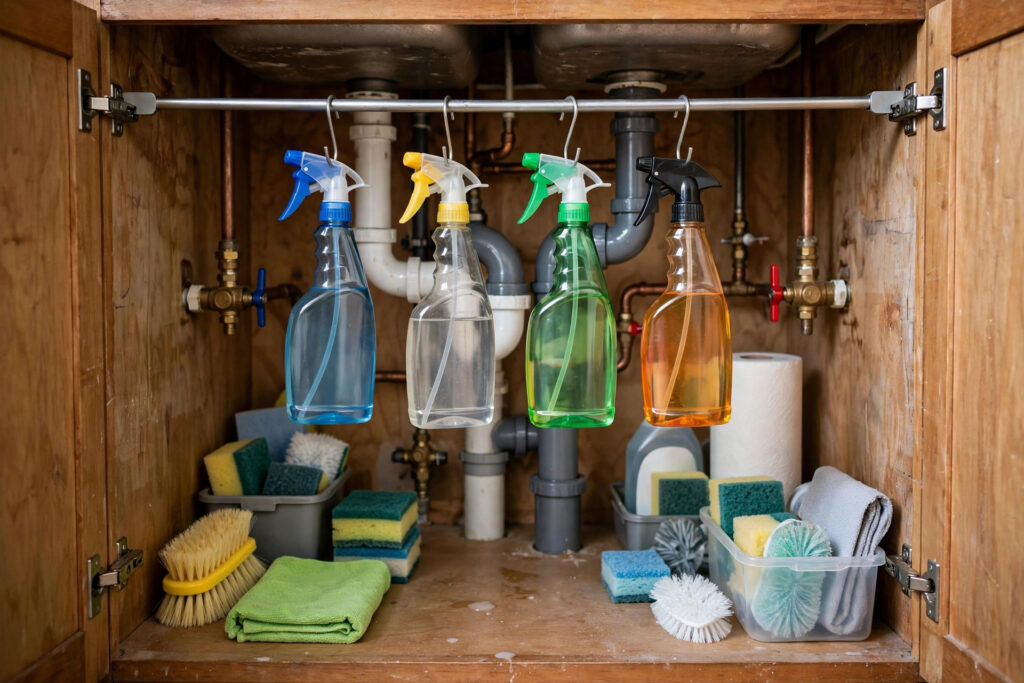 Spray bottles hanging from a tension rod inside an under-sink cabinet