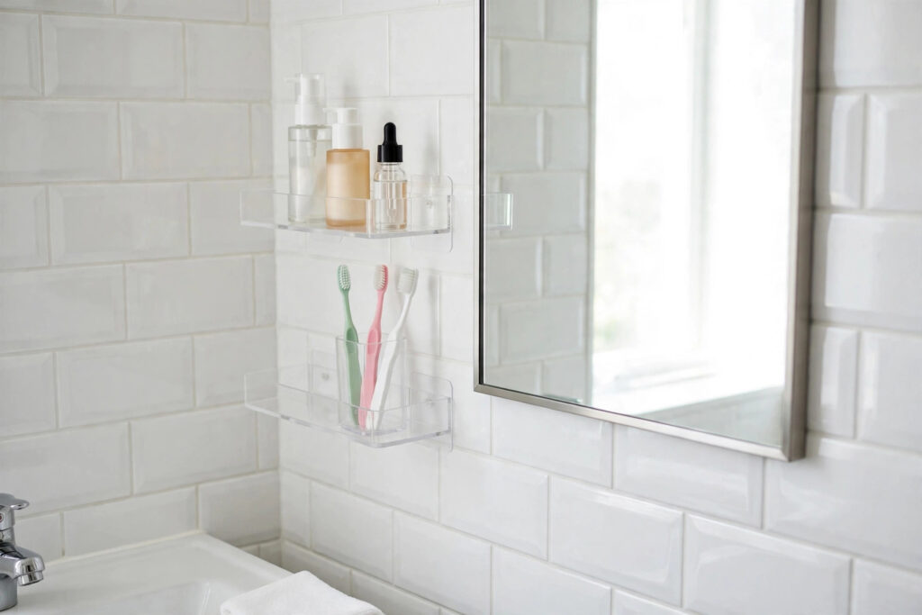 Clear adhesive shelves on white bathroom tile beside a mirror holding skincare bottles and toothbrushes