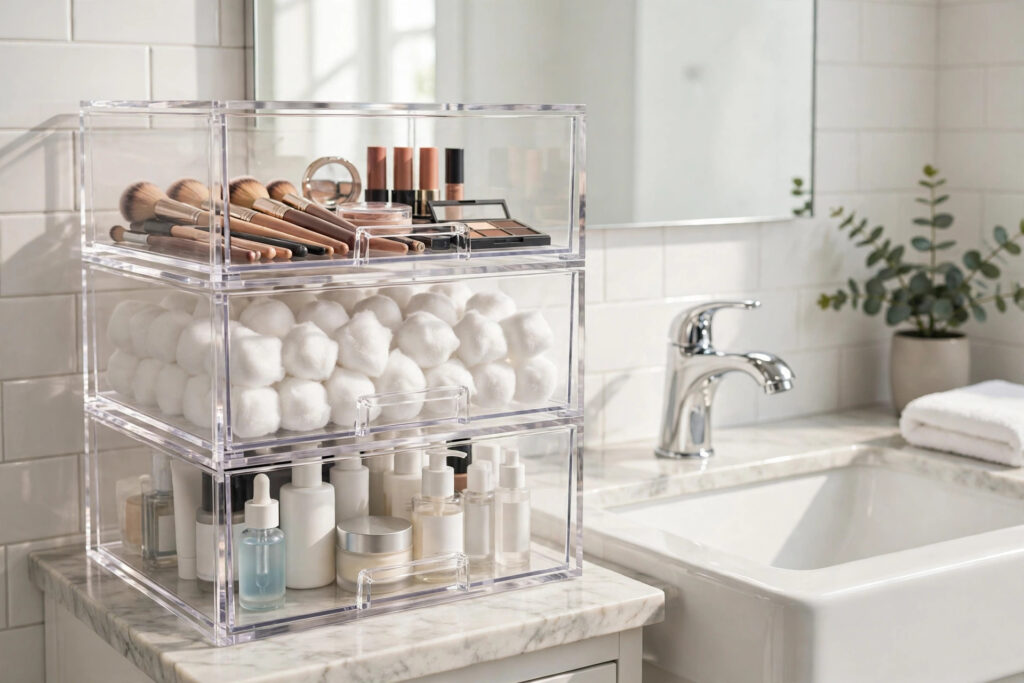 Three clear stackable acrylic drawers on a bathroom counter holding makeup, cotton balls and skincare