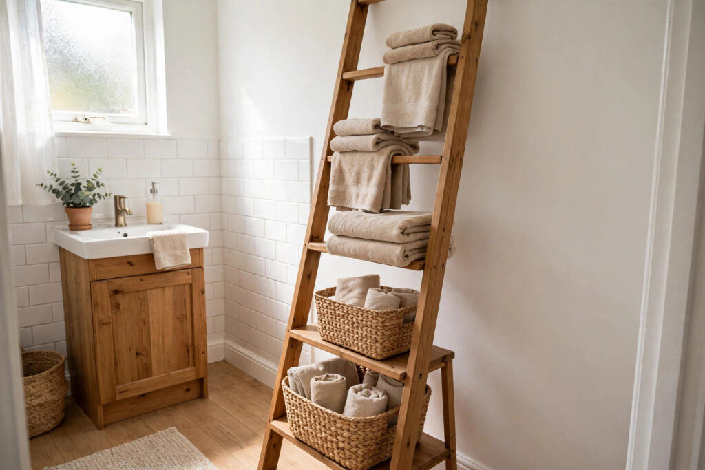 Wooden ladder shelf leaning against a bathroom wall with folded towels and woven storage baskets