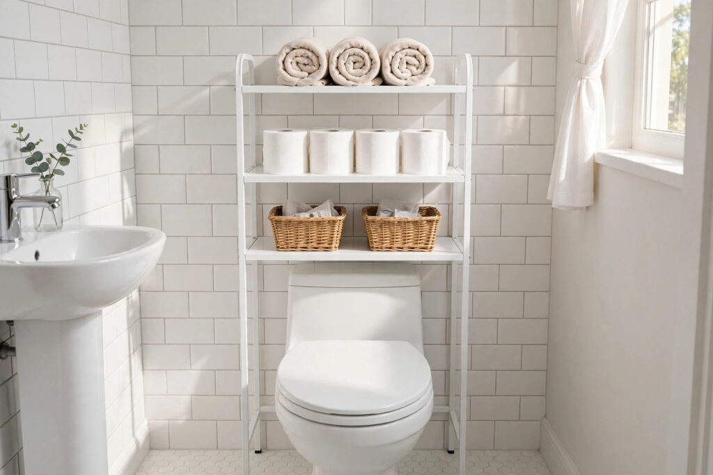 Freestanding over-toilet storage shelf with rolled towels, toilet paper and wicker baskets in a small bathroom