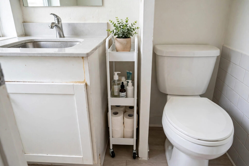 Slim white rolling cart in the narrow gap between a vanity and toilet holding toilet paper and skincare