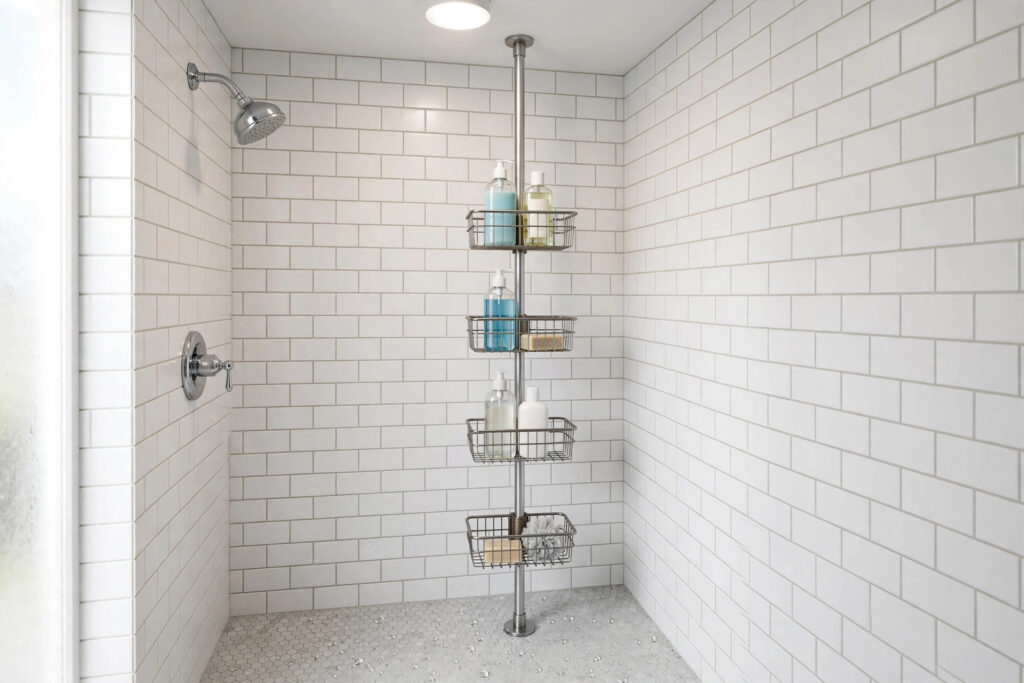 Floor-to-ceiling tension pole shower caddy with four baskets of shampoo and soap in a tiled shower