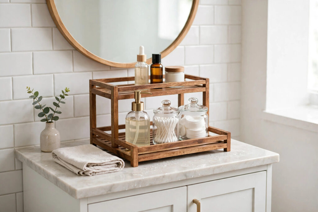 Two-tier wooden tray on a bathroom counter corraling skincare bottles and glass jars of cotton swabs